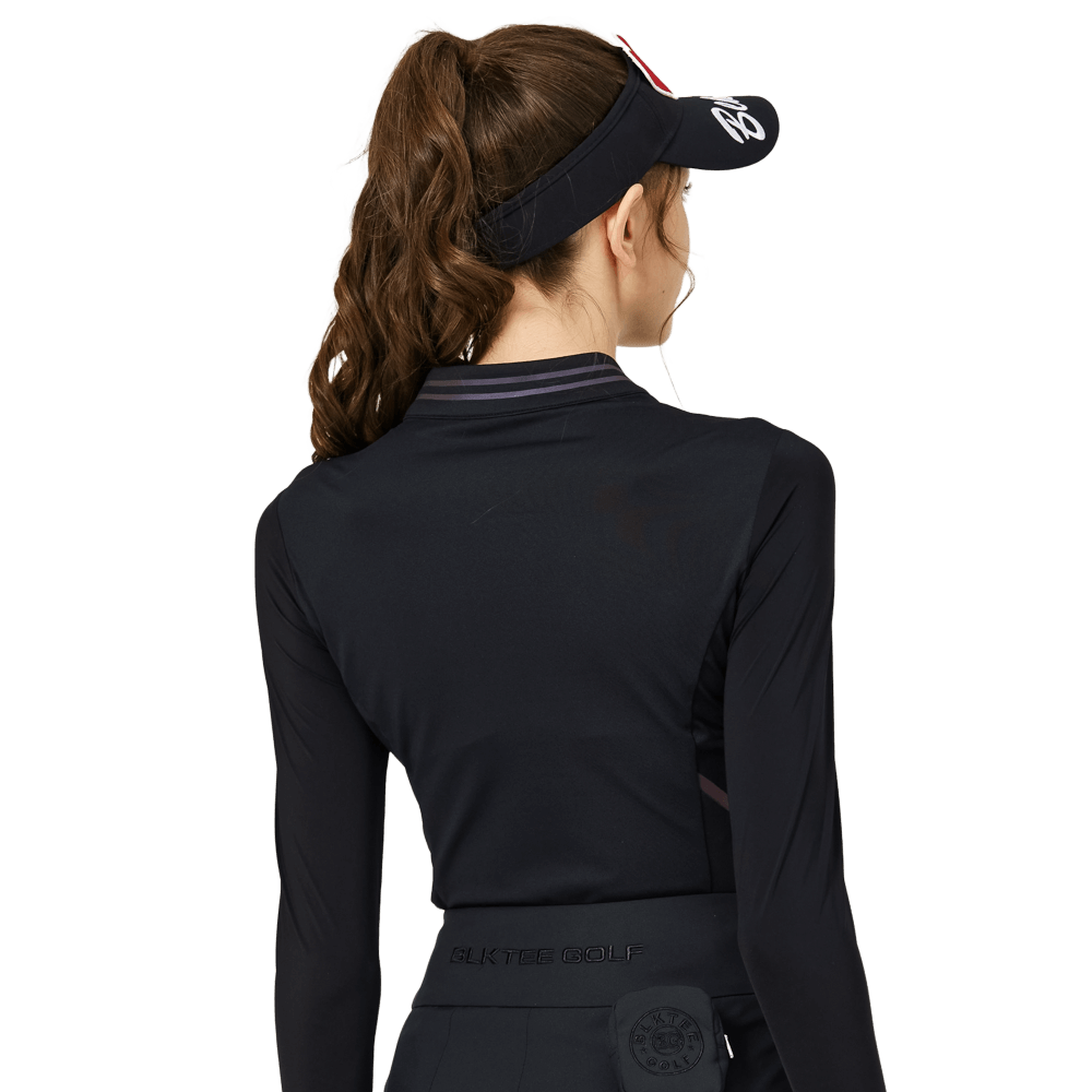 BLKTEE涼感小立領冰絲防曬連袖女上衣(黑色)