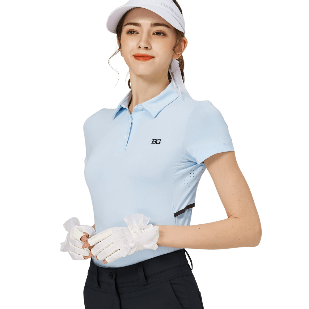 BLKTEE涼感冲孔透氣翻領女短袖上衣(淺藍)