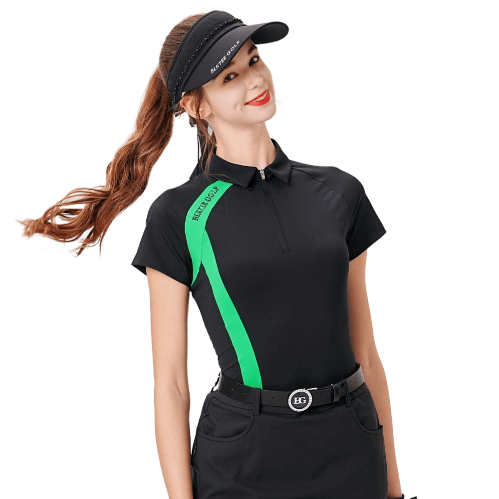 Baju lengan pendek wanita berkolar zip (hitam)