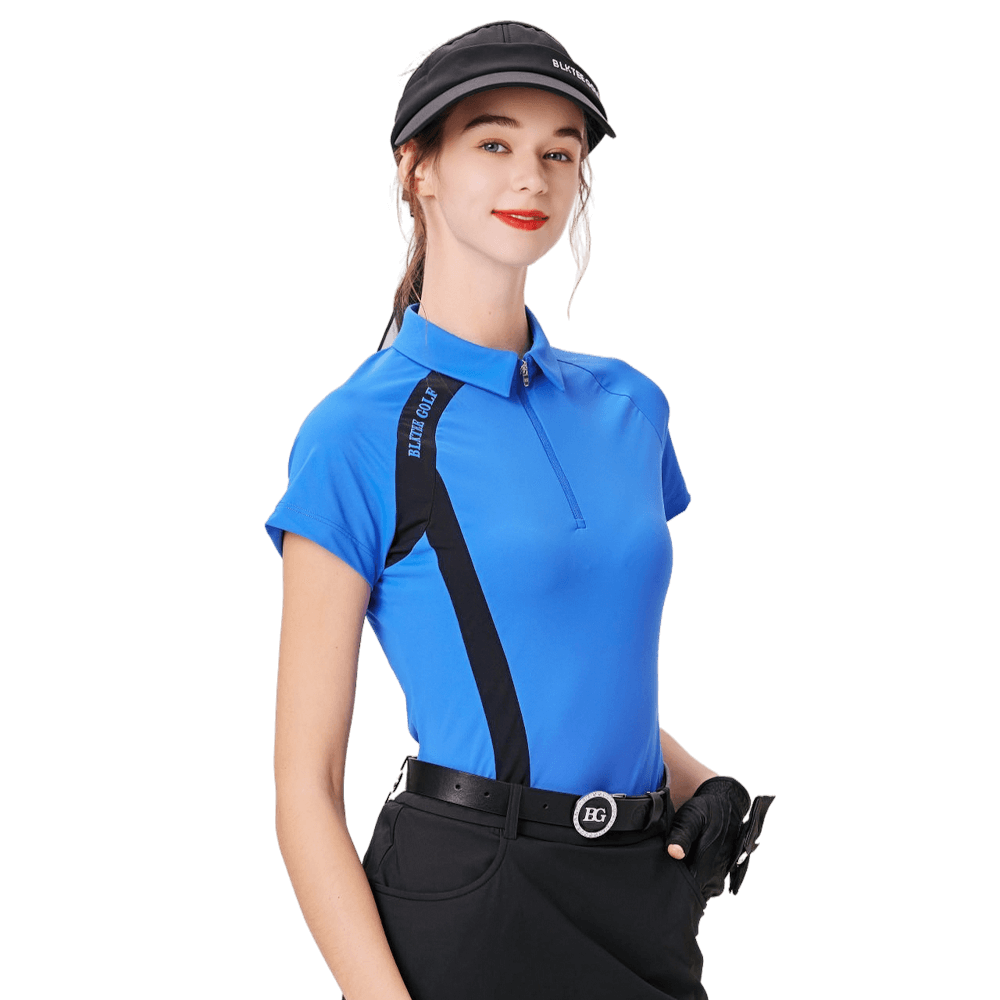 Baju lengan pendek wanita berkolar zip (biru)