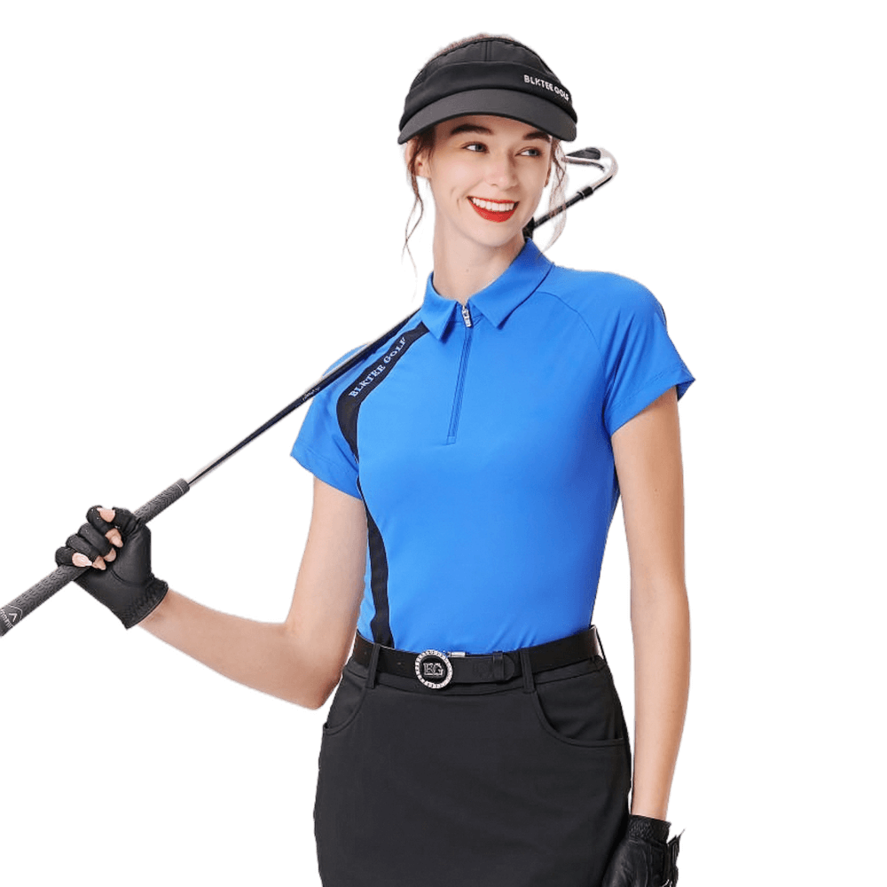 Baju lengan pendek wanita berkolar zip (biru)