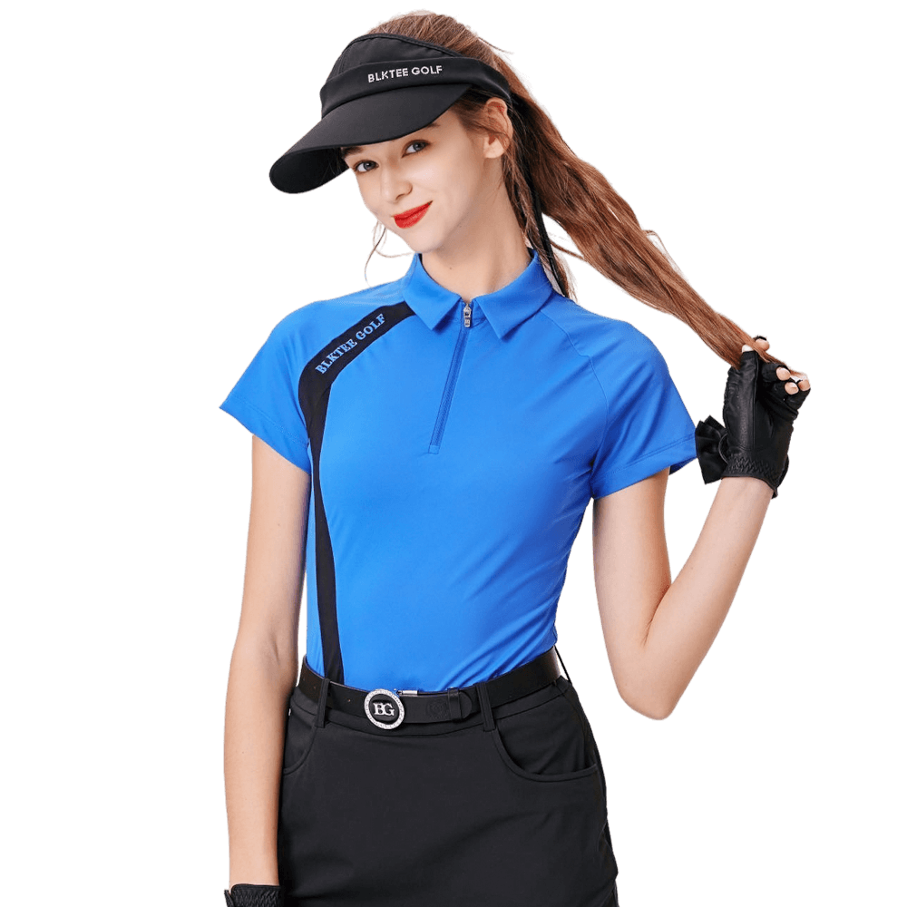 Baju lengan pendek wanita berkolar zip (biru)