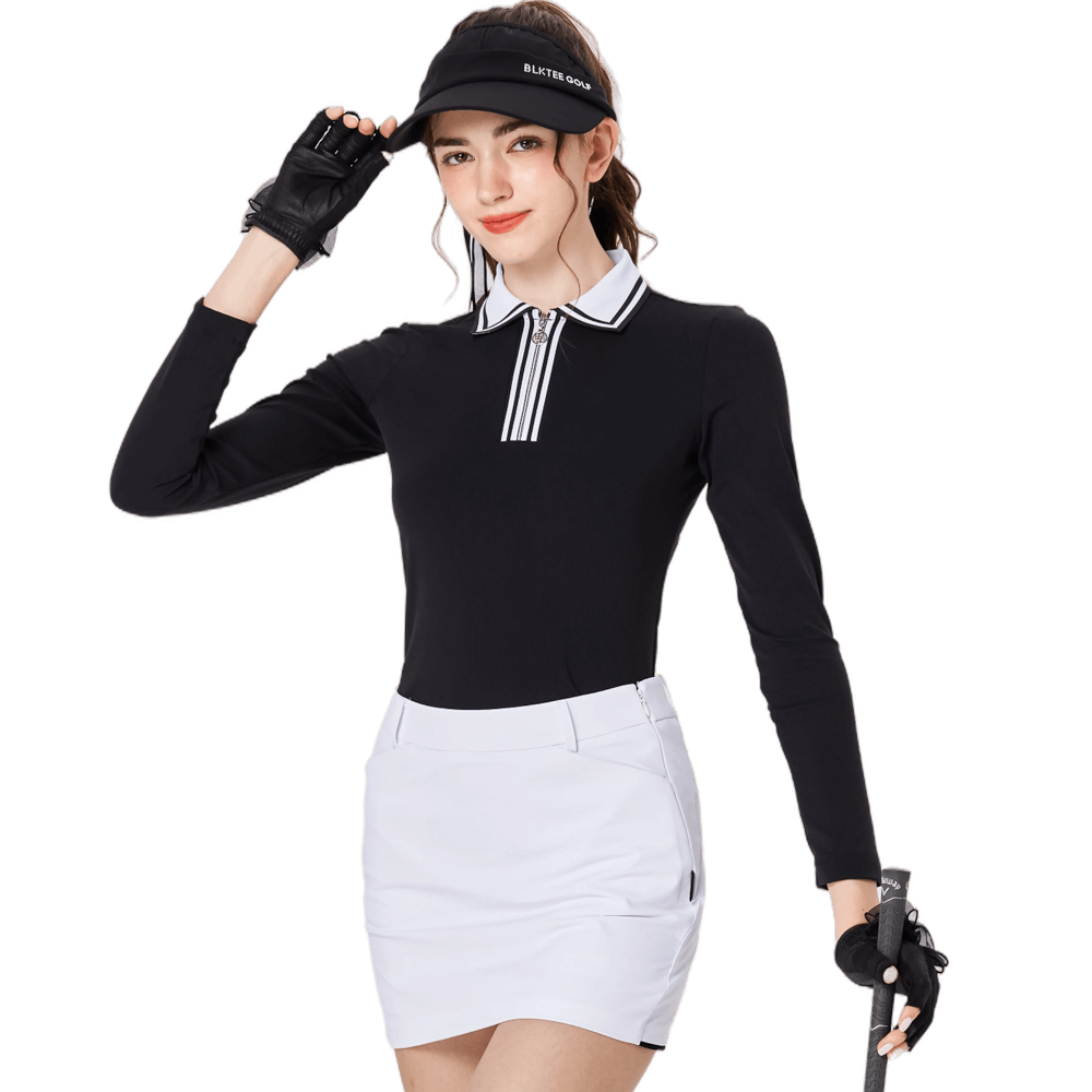 BLKTEE女拉鍊領學院風高爾夫長袖(黑色)