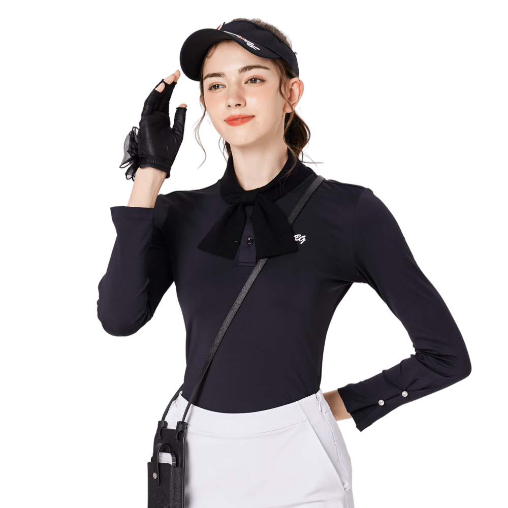 Women's long-sleeved golf dress with bow tie (black)