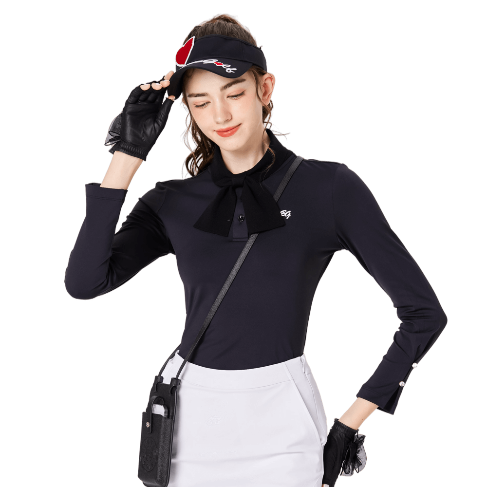 Women's long-sleeved golf dress with bow tie (black)