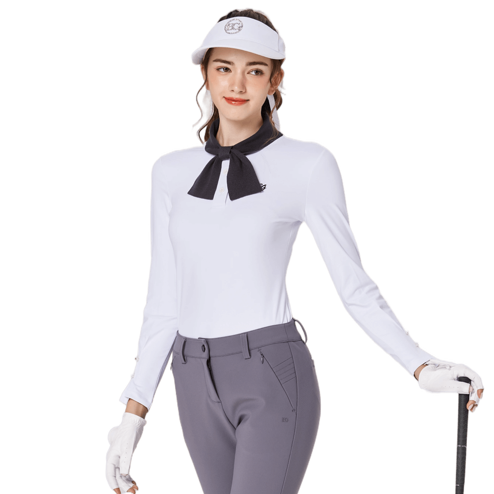 Gaun golf lengan panjang wanita dengan tali leher kupu-kupu (putih)