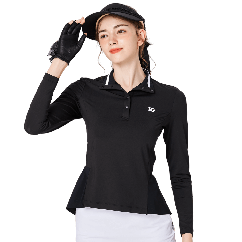 Women's stand-up collar/turn-down collar convertible golf long-sleeved top (black)