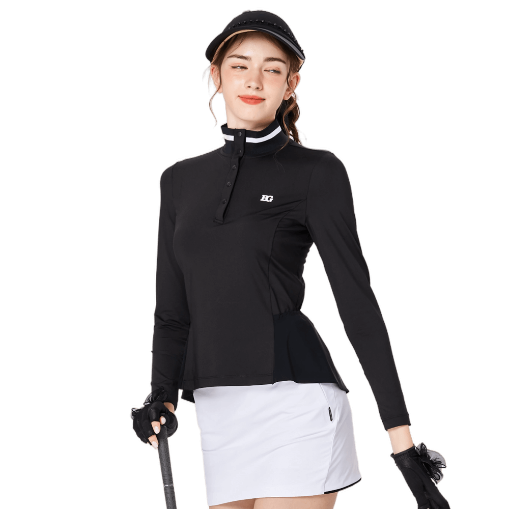 Women's stand-up collar/turn-down collar convertible golf long-sleeved top (black)