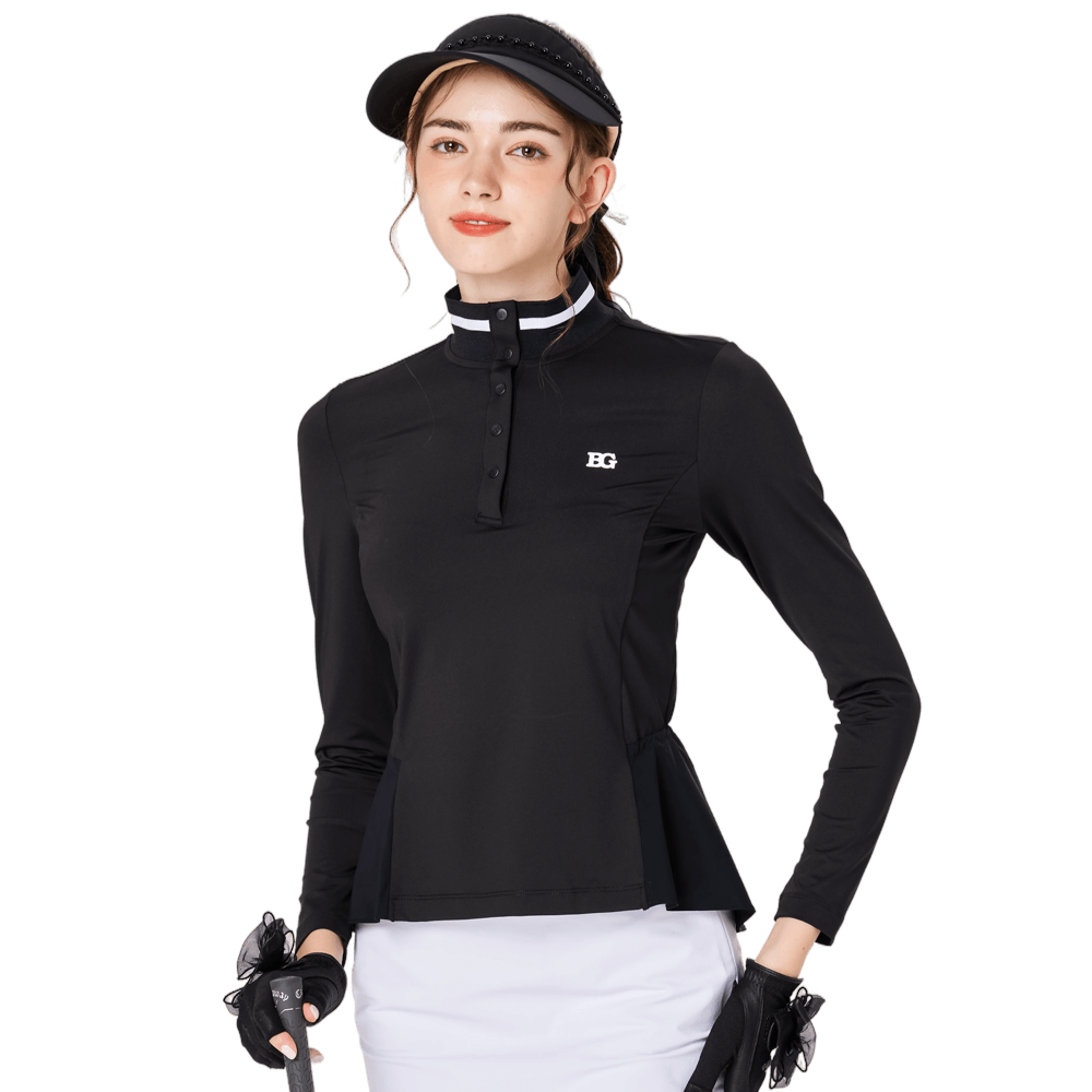 Women's stand-up collar/turn-down collar convertible golf long-sleeved top (black)