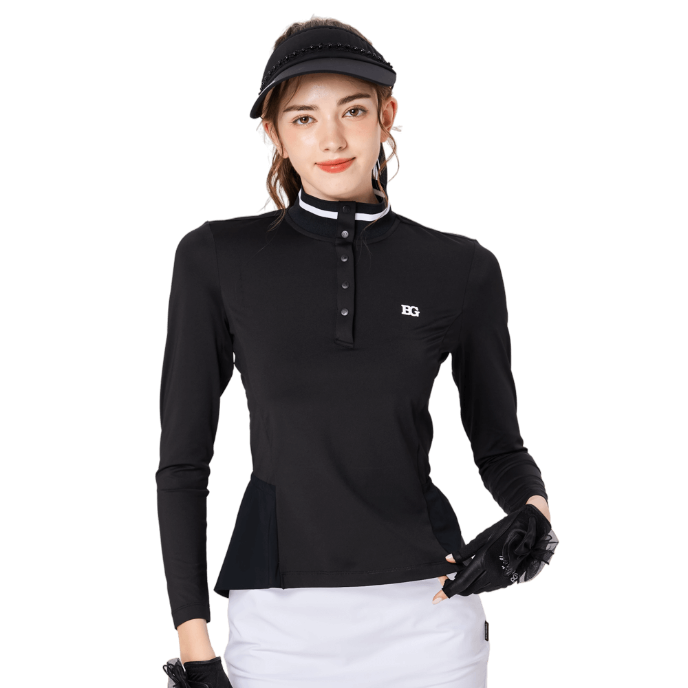 Women's stand-up collar/turn-down collar convertible golf long-sleeved top (black)