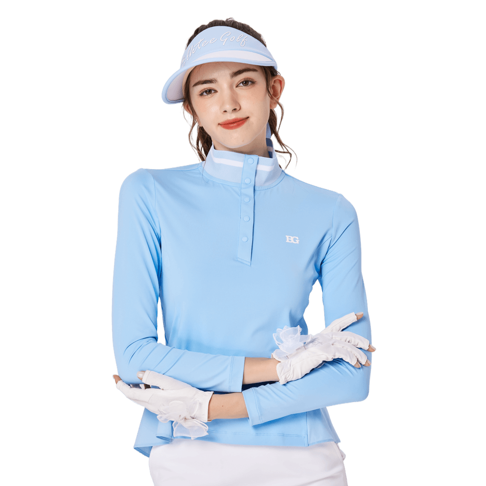 女立領翻領兩用高爾夫長袖(淺藍)