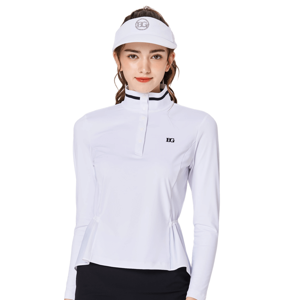 Women's stand-up collar/turn-down collar convertible golf long-sleeved top (white)