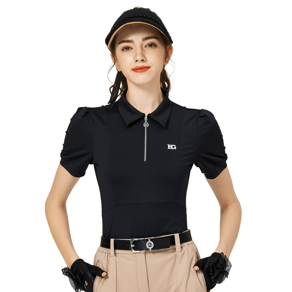 BLKTEE拉鍊翻領女短袖上衣(黑色)