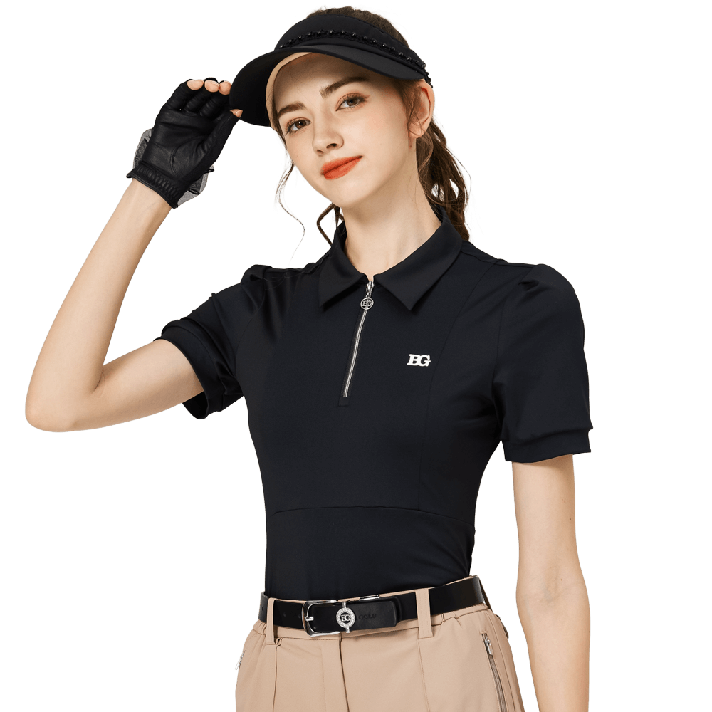 BLKTEE拉鍊翻領女短袖上衣(黑色)