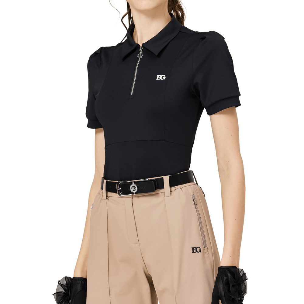 BLKTEE拉鍊翻領女短袖上衣(黑色)