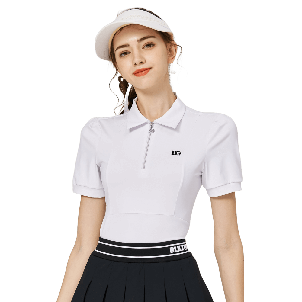 BLKTEE拉鍊翻領女短袖上衣(白色)