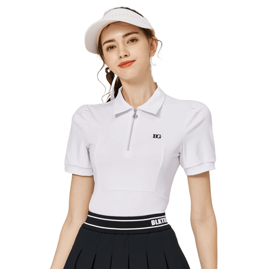 BLKTEE拉鍊翻領女短袖上衣(白色)