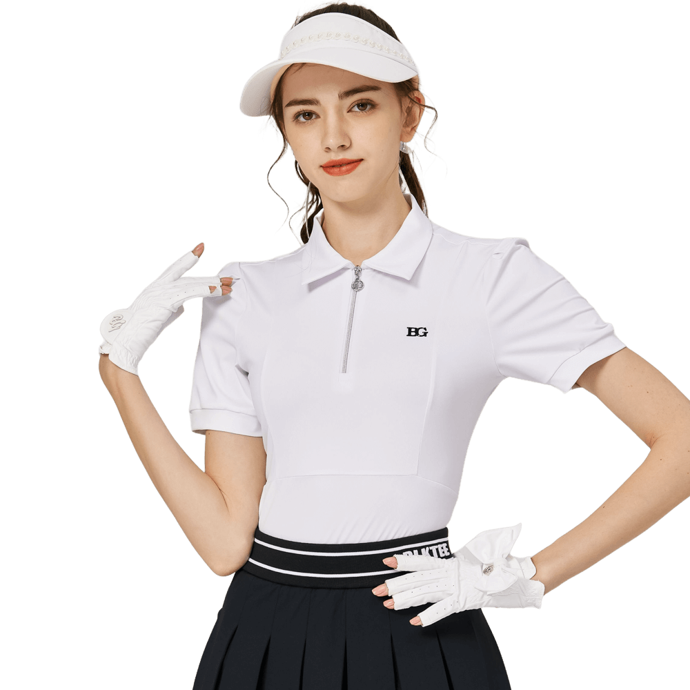 BLKTEE拉鍊翻領女短袖上衣(白色)