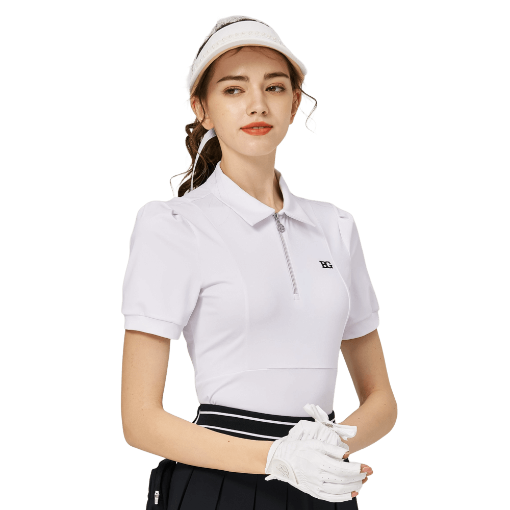 BLKTEE拉鍊翻領女短袖上衣(白色)