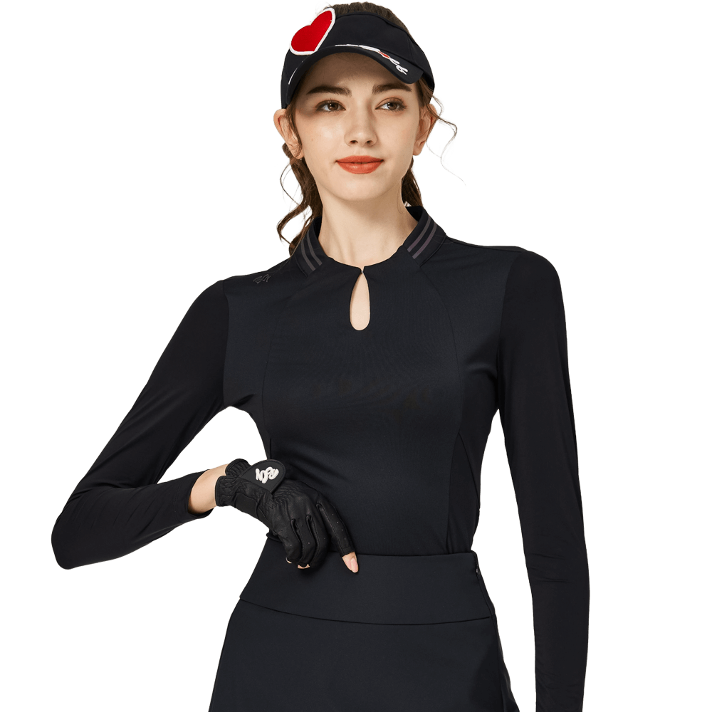 BLKTEE涼感小立領冰絲防曬連袖女上衣(黑色)