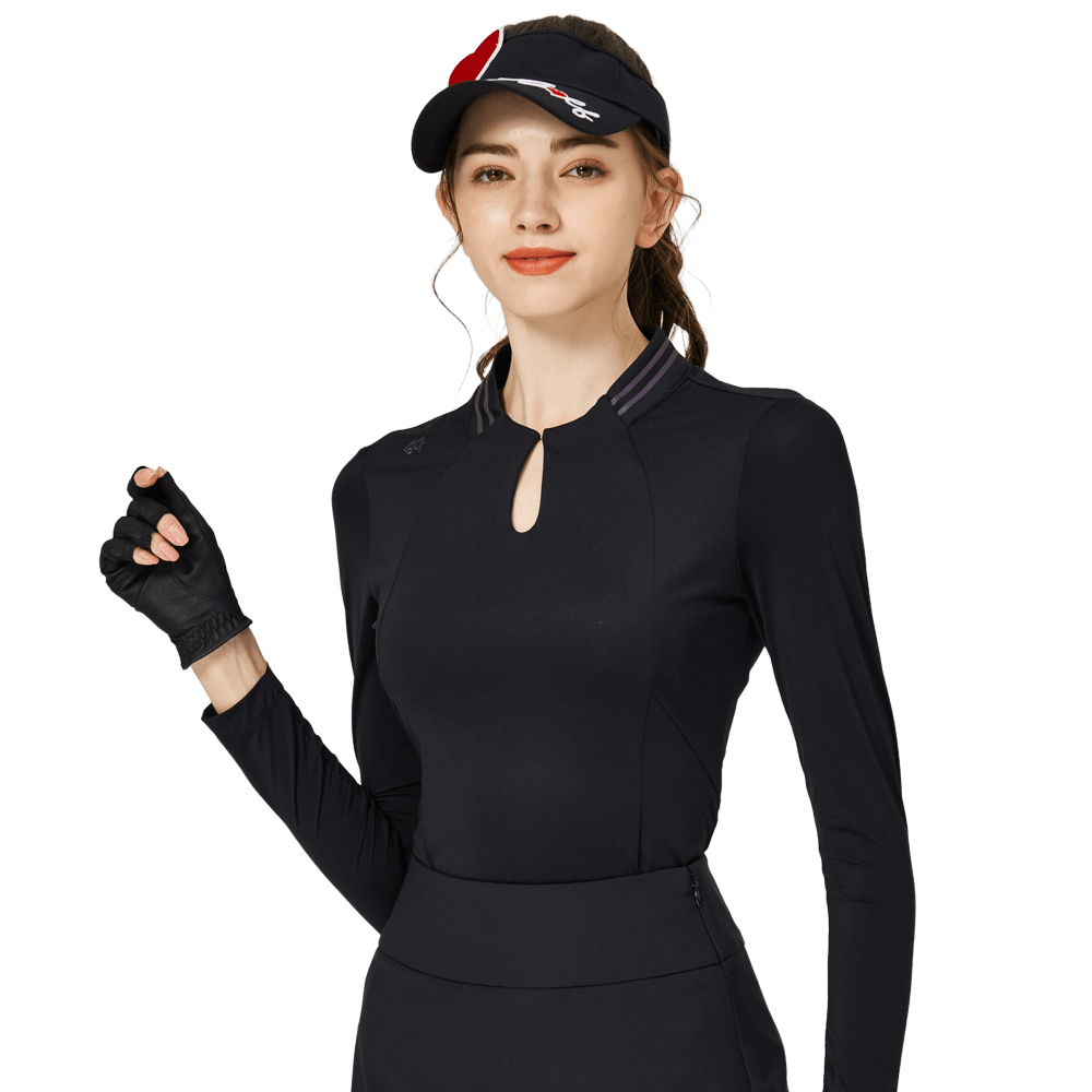 BLKTEE涼感小立領冰絲防曬連袖女上衣(黑色)