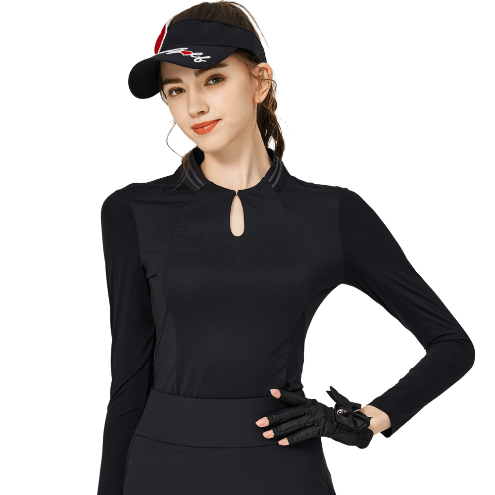 BLKTEE涼感小立領冰絲防曬連袖女上衣(黑色)