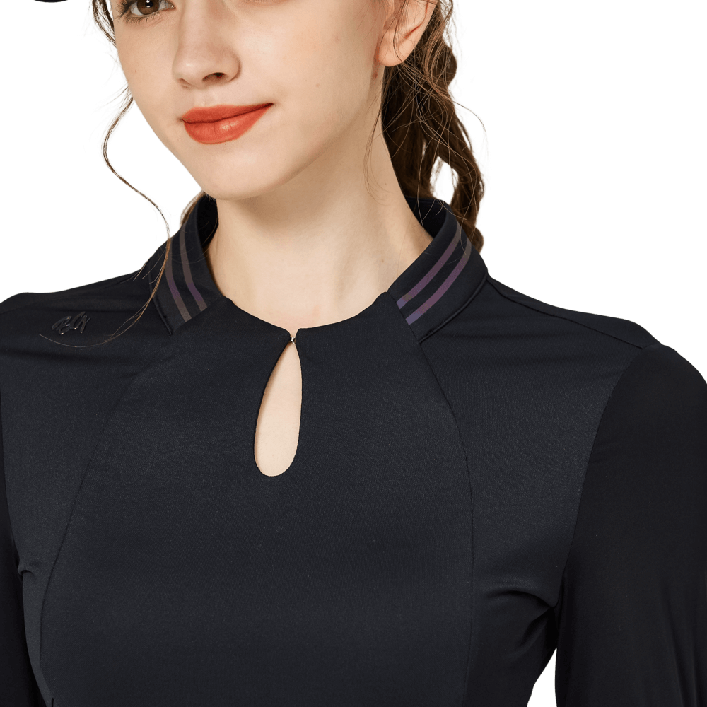 BLKTEE涼感小立領冰絲防曬連袖女上衣(黑色)