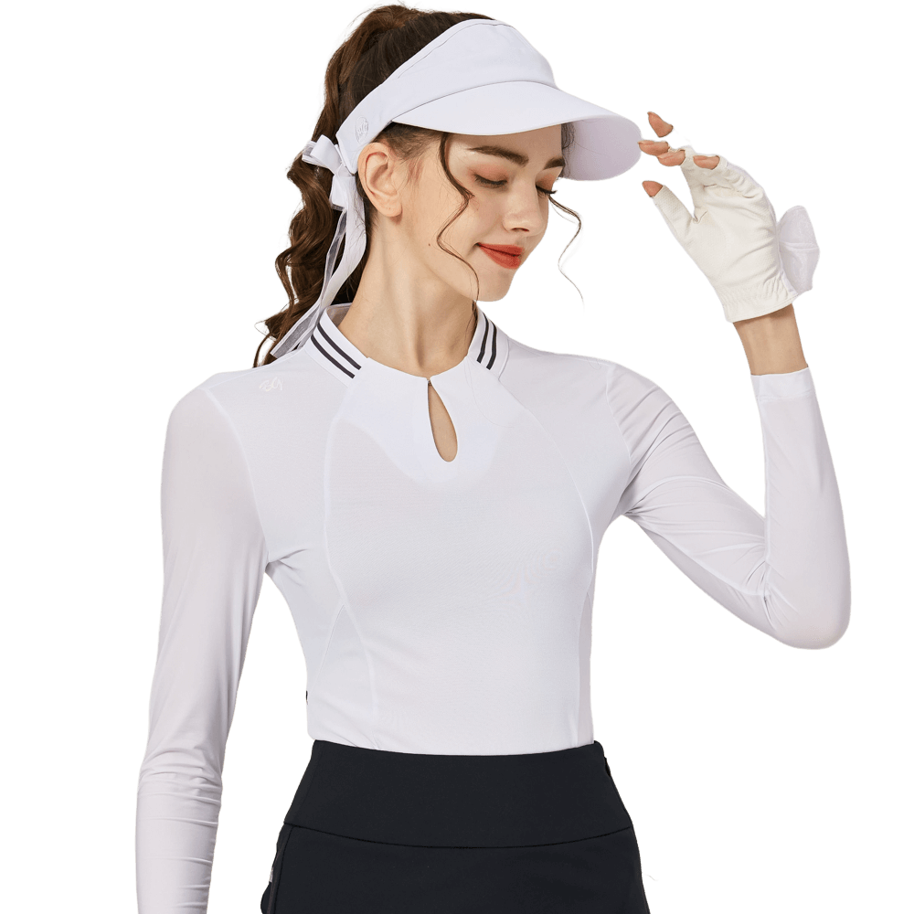 BLKTEE涼感小立領冰絲防曬連袖女上衣(白色)