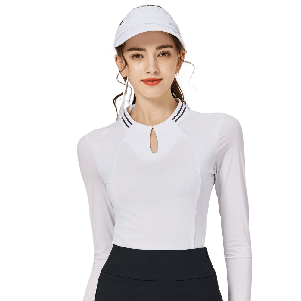 BLKTEE涼感小立領冰絲防曬連袖女上衣(白色)