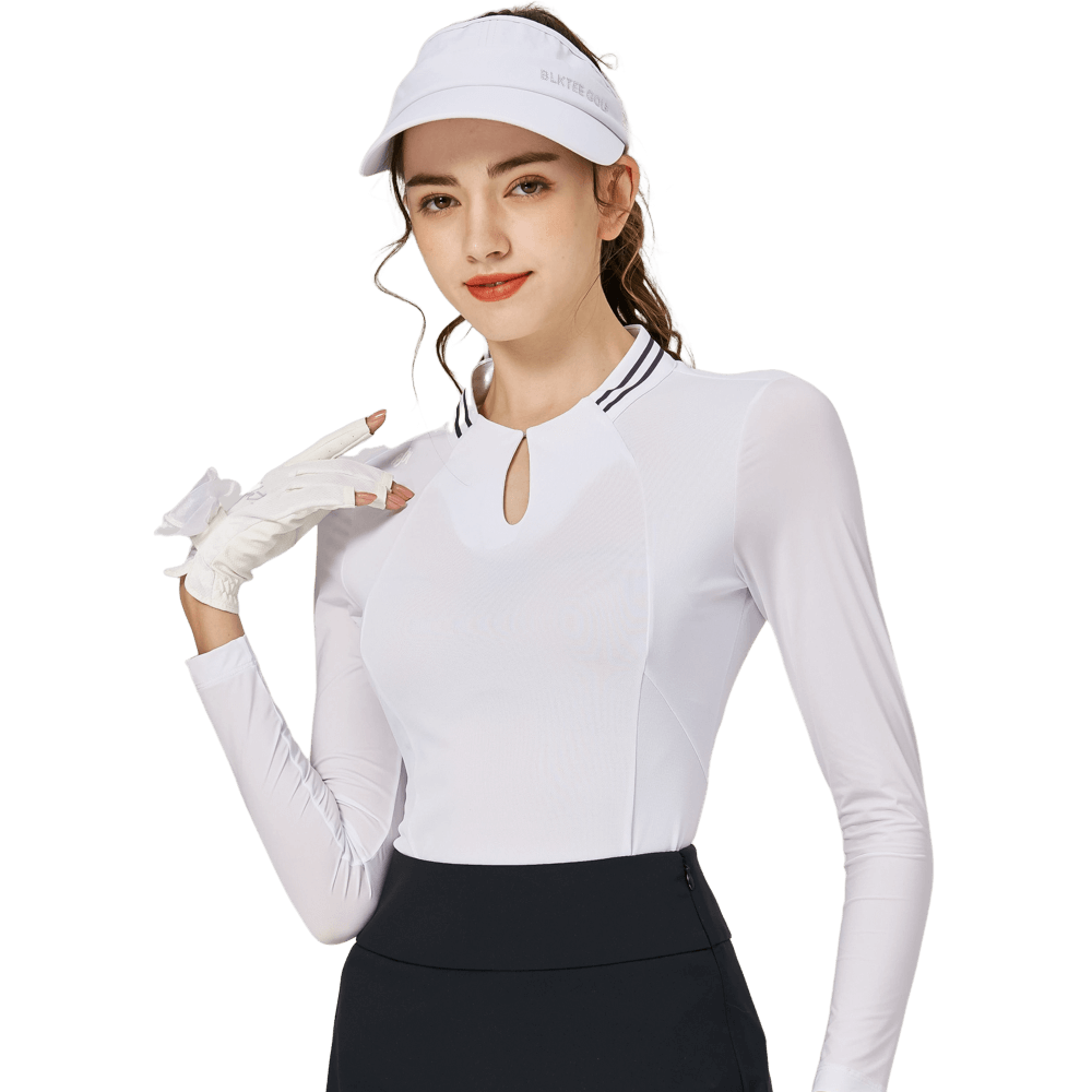 BLKTEE涼感小立領冰絲防曬連袖女上衣(白色)