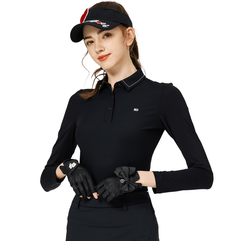 BLKTEE珠鏈領冰絲防曬連袖女上衣(黑色)