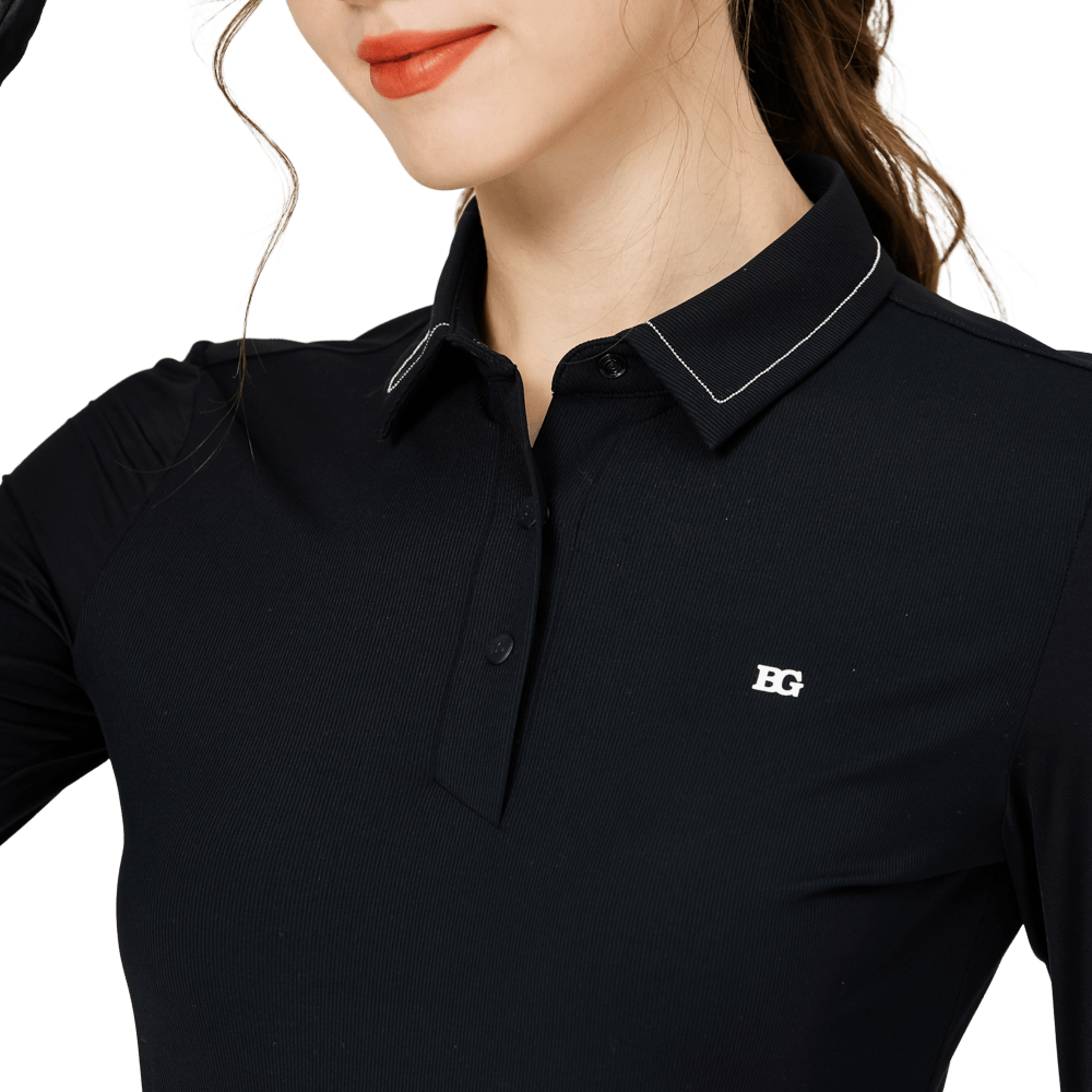 BLKTEE珠鏈領冰絲防曬連袖女上衣(黑色)