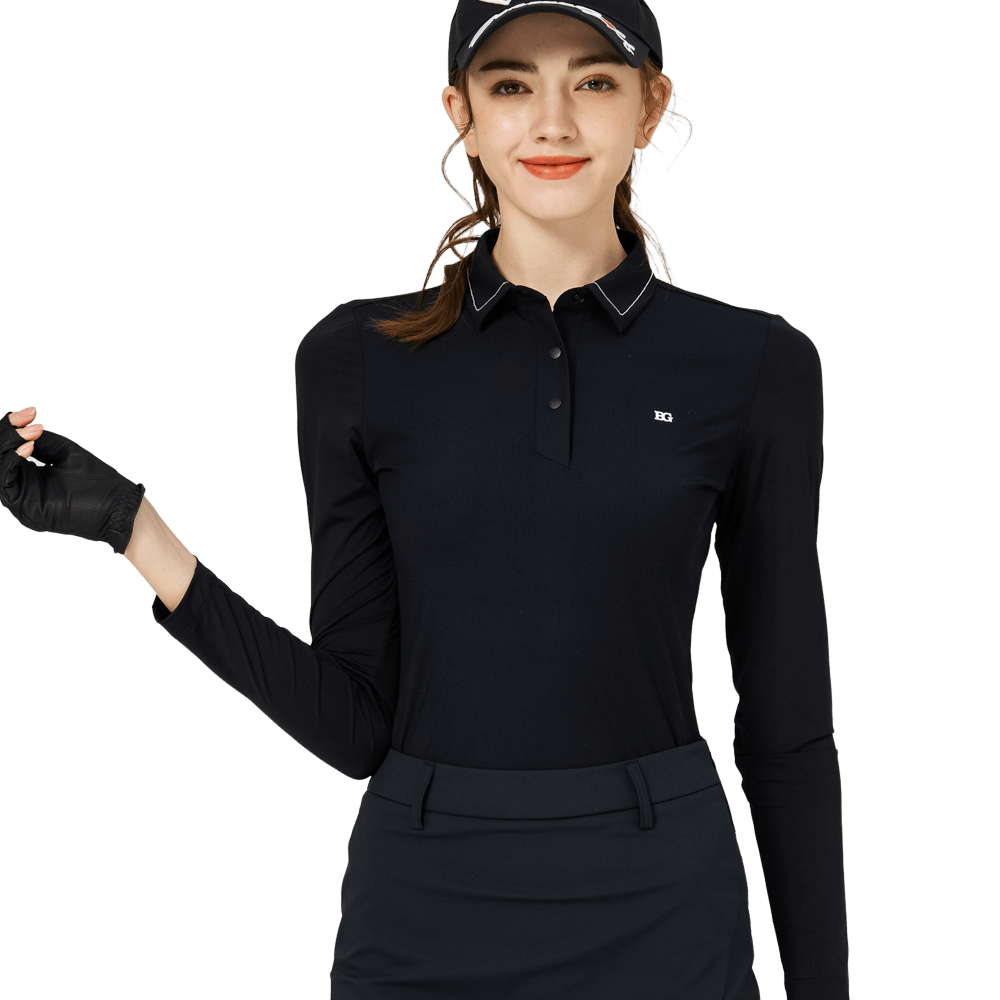 BLKTEE珠鏈領冰絲防曬連袖女上衣(黑色)