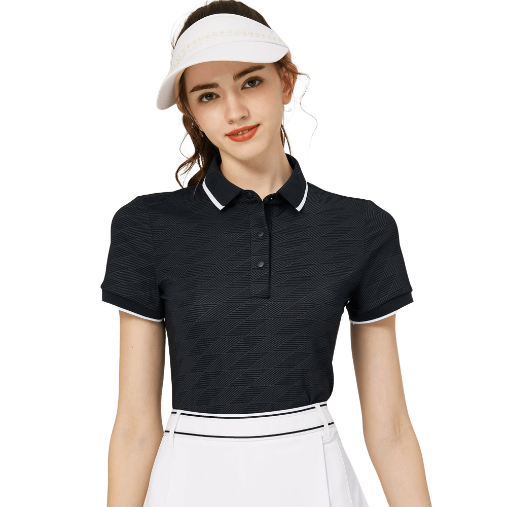 BLKTEE菱格提花螺紋領女短袖上衣(黑色)