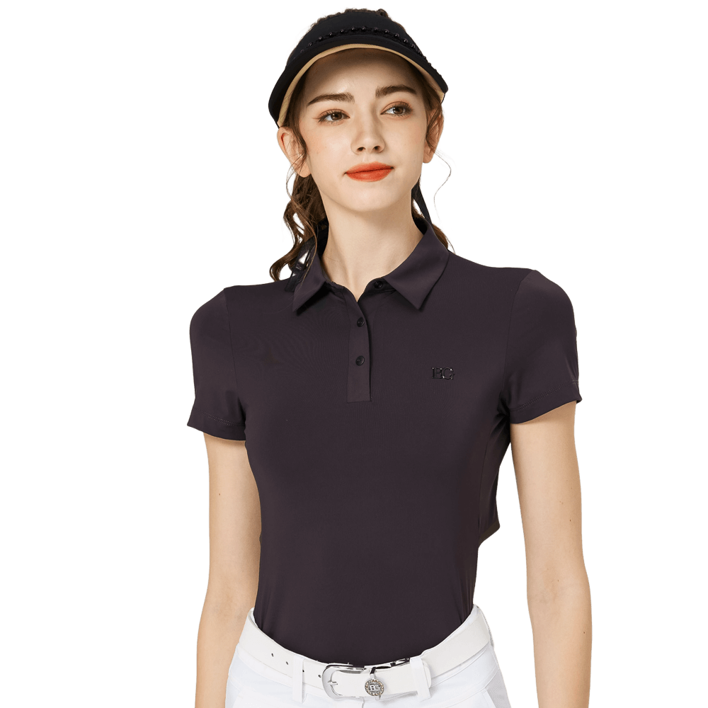 BLKTEE涼感冲孔透氣翻領女短袖上衣(黑色)