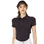 涼感冲孔透氣翻領女短袖上衣(黑色)