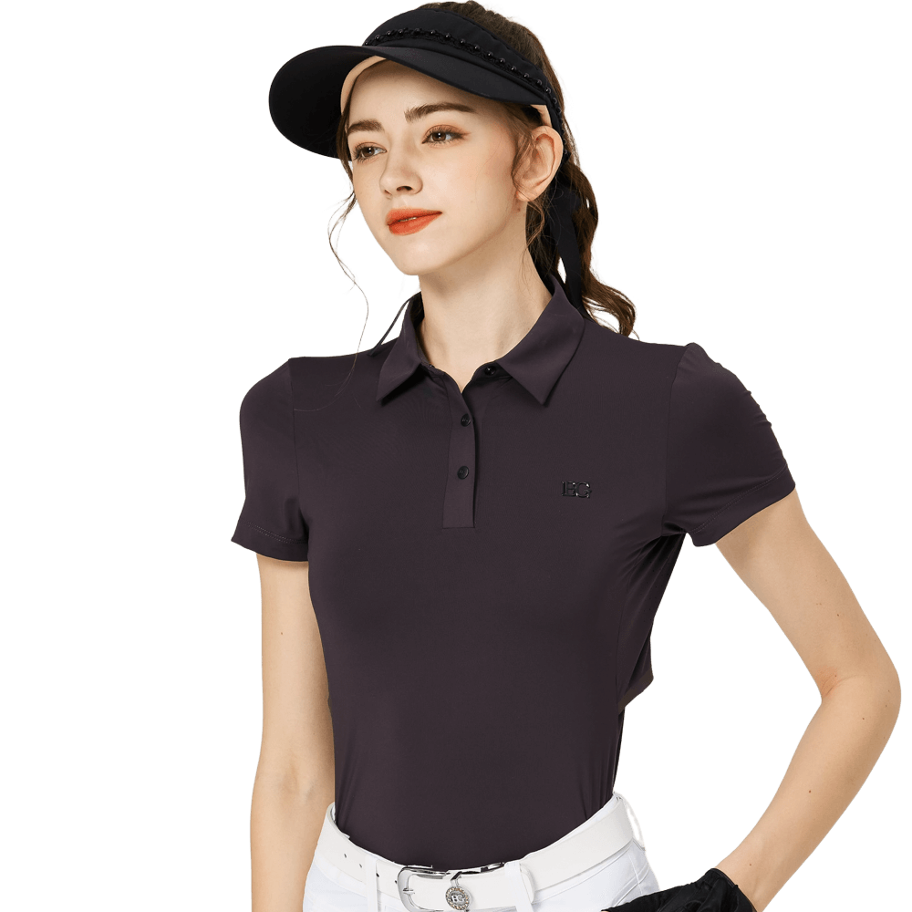 涼感冲孔透氣翻領女短袖上衣(黑色)