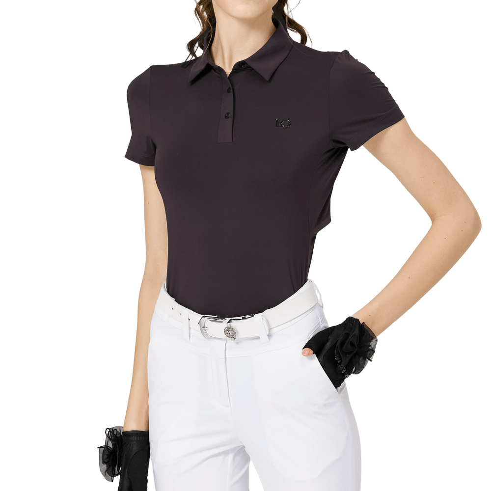 BLKTEE涼感冲孔透氣翻領女短袖上衣(黑色)