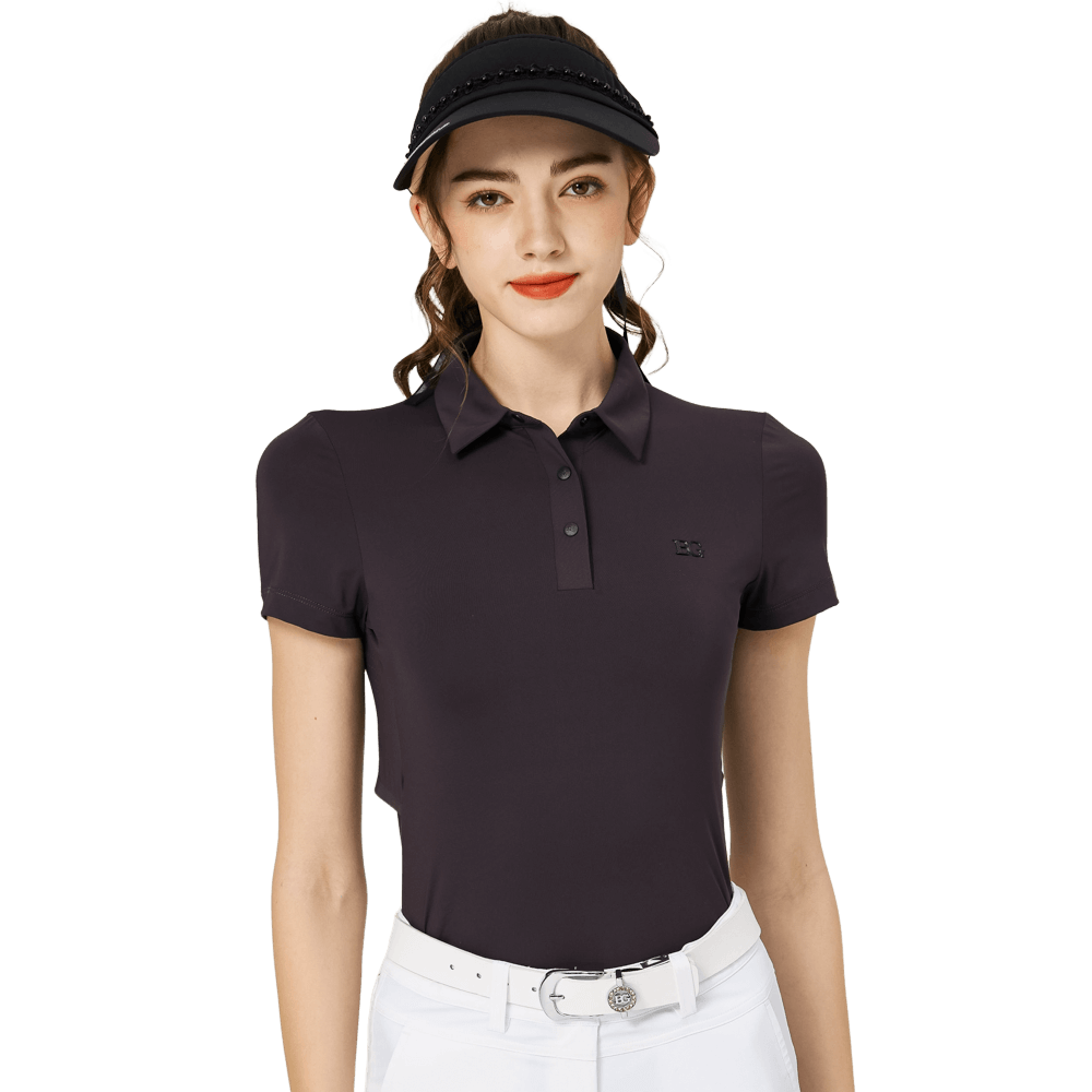 BLKTEE涼感冲孔透氣翻領女短袖上衣(黑色)