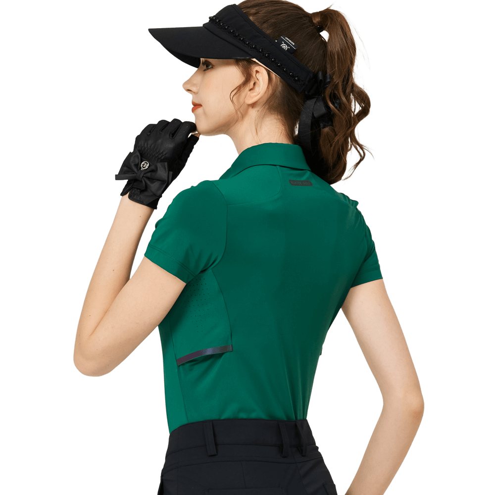 BLKTEE涼感冲孔透氣翻領女短袖上衣(墨綠)