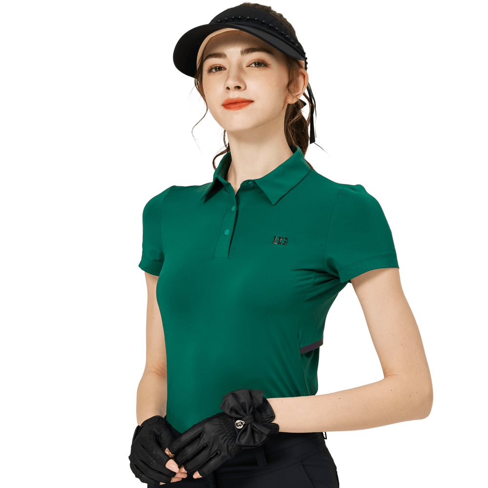 BLKTEE涼感冲孔透氣翻領女短袖上衣(墨綠)