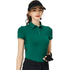 BLKTEE涼感冲孔透氣翻領女短袖上衣(墨綠)