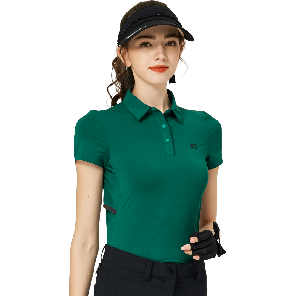 BLKTEE涼感冲孔透氣翻領女短袖上衣(墨綠)