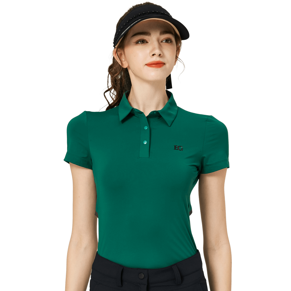 BLKTEE涼感冲孔透氣翻領女短袖上衣(墨綠)