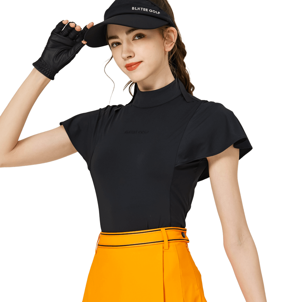 BLKTEE波浪袖立領女短袖上衣(黑色)