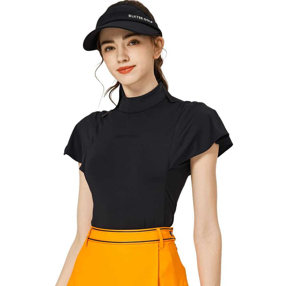 BLKTEE波浪袖立領女短袖上衣(黑色)