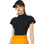 波浪袖立領女短袖上衣(黑色)