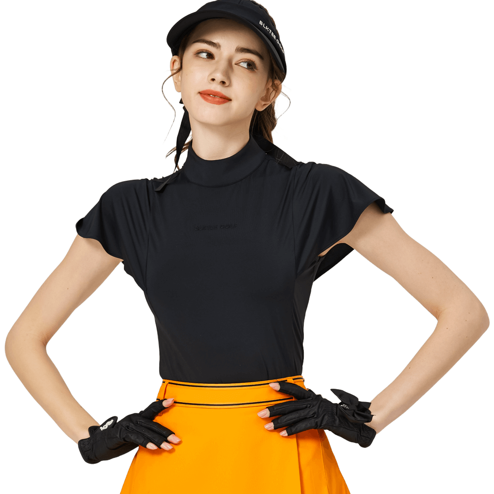 BLKTEE波浪袖立領女短袖上衣(黑色)