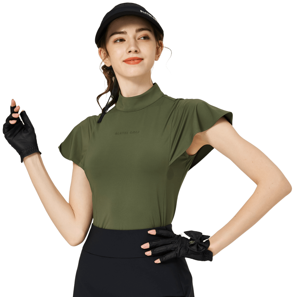 波浪袖立領女短袖上衣(軍綠)