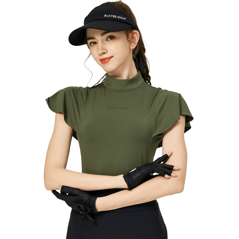 BLKTEE波浪袖立領女短袖上衣(軍綠)